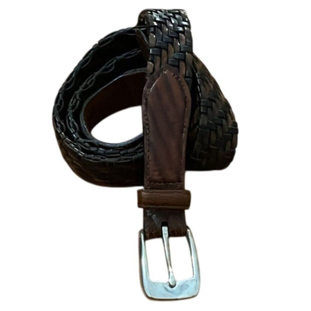 Brighton Vintage Woven Leather Belt Two Tone Brown Mens Size 42 Silver Buckle